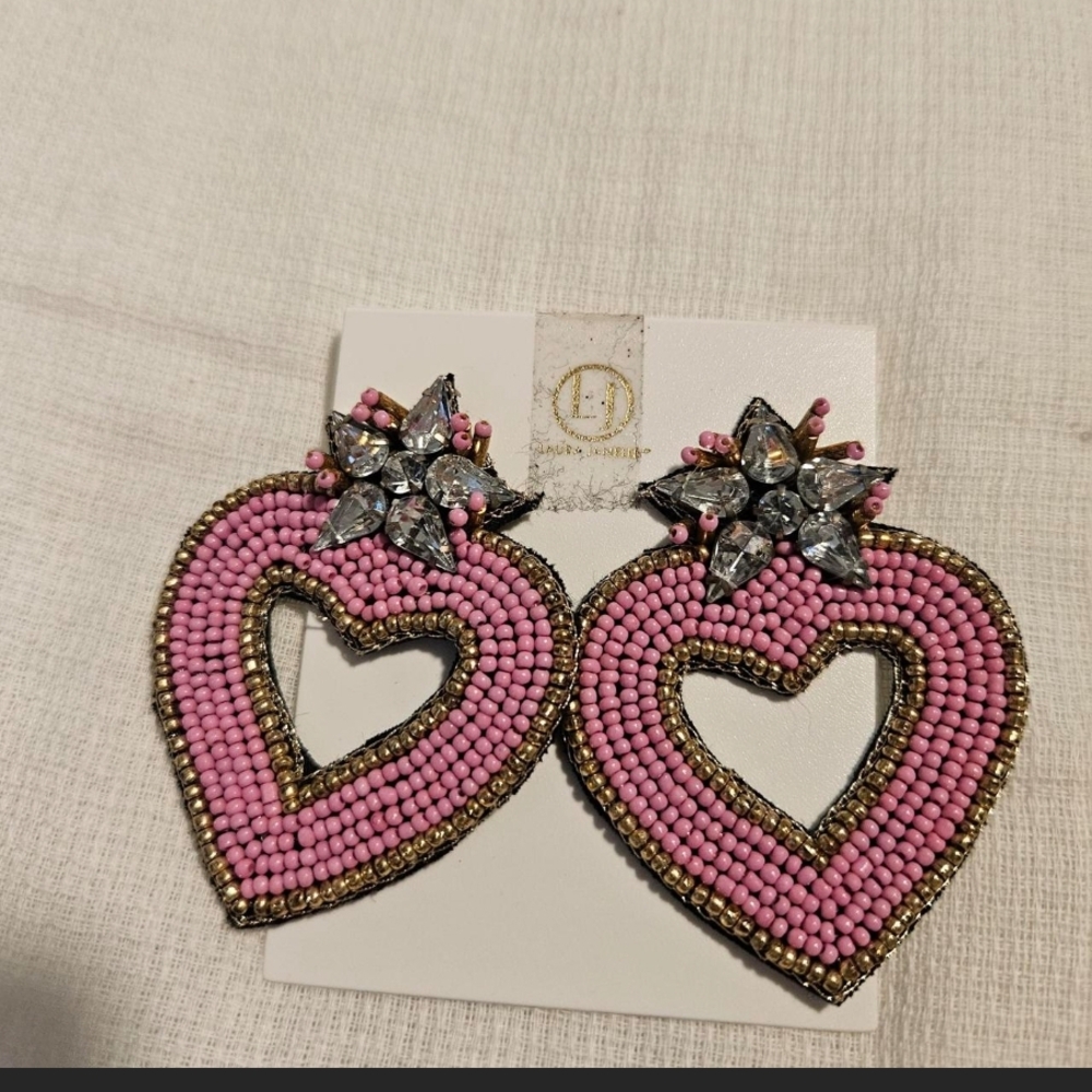 Pink Beaded Heart Earrings